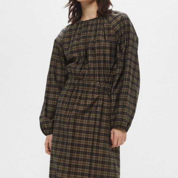 H&M Khaki Black Plaid Check Print Puff Long Sleeve Cut Out Back Midi Dress - Picture 5 of 5